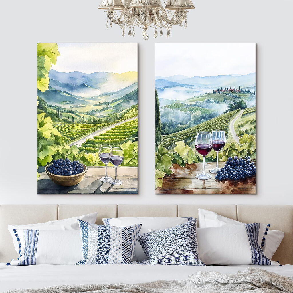 Painting of wine glasses and grapes on a table