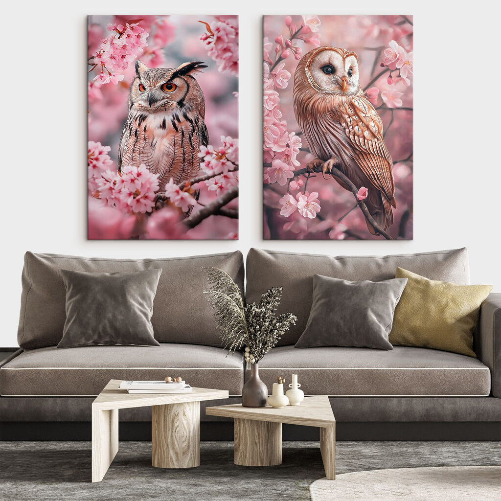 Collage of owls on a tree branch