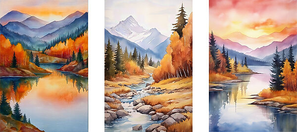 Group of paintings of a river and mountains