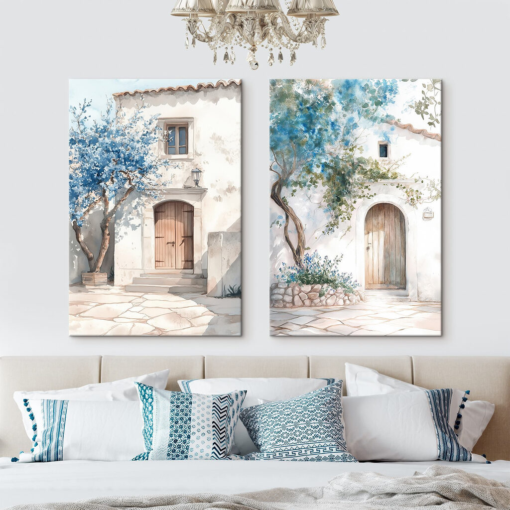 Watercolor painting of a house with a door and a doorway