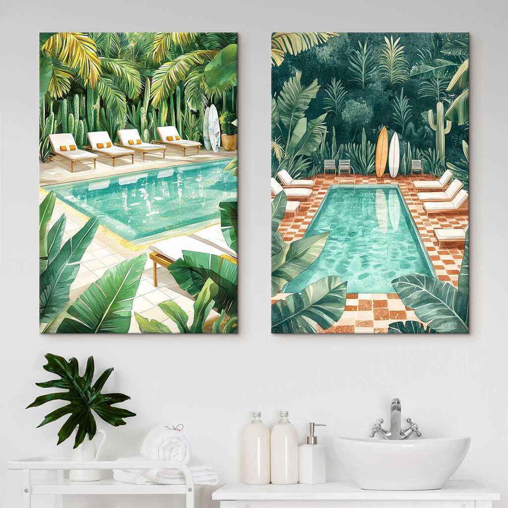 Pool and lounge chairs in a tropical area