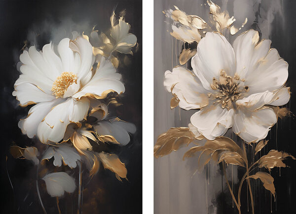 Two paintings of flowers on a black background