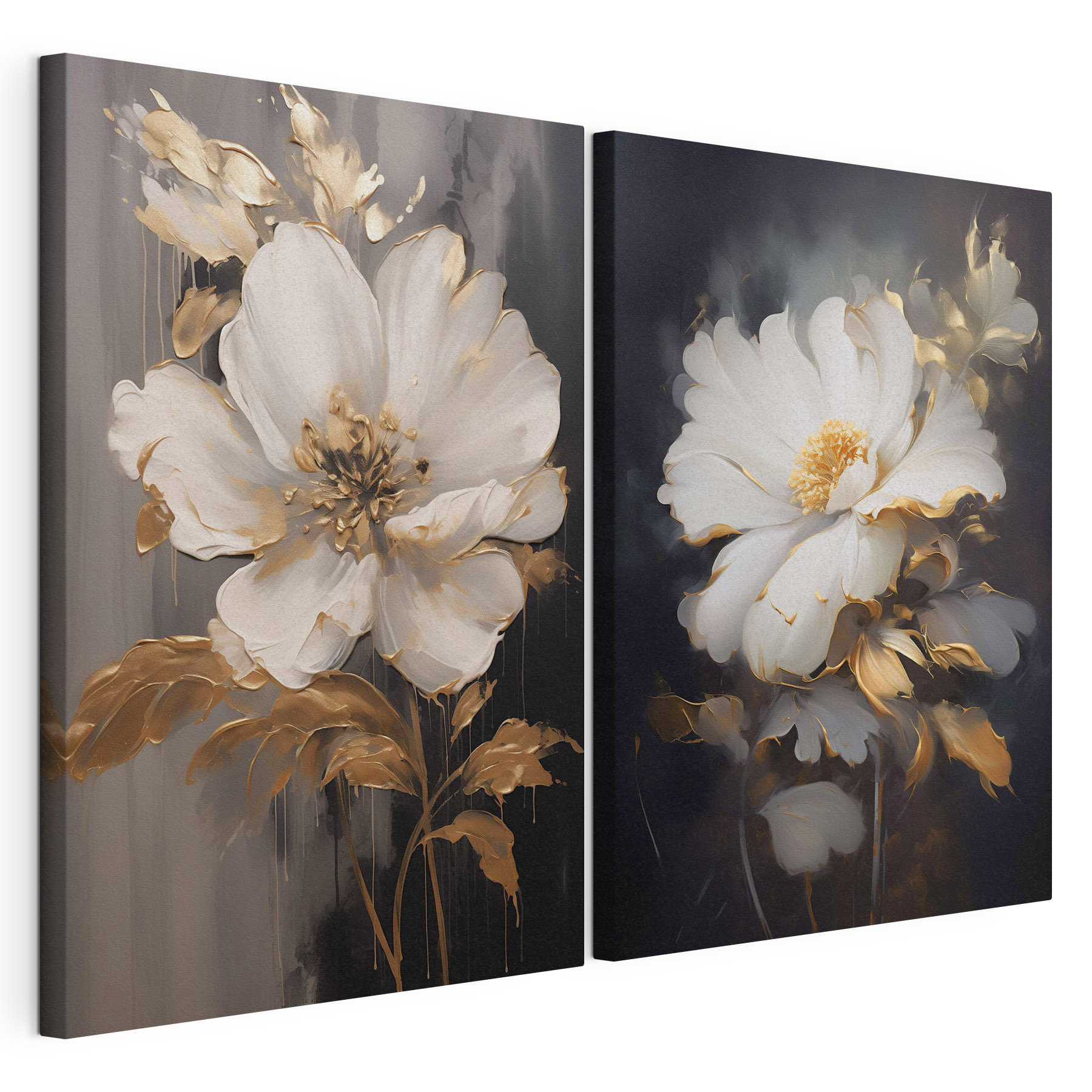Two paintings of flowers on a black background