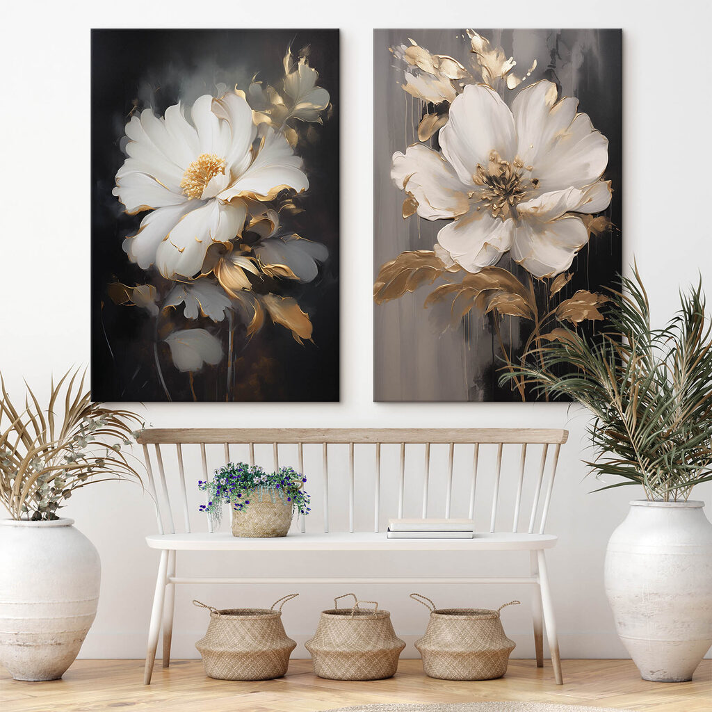 Two paintings of flowers on a black background