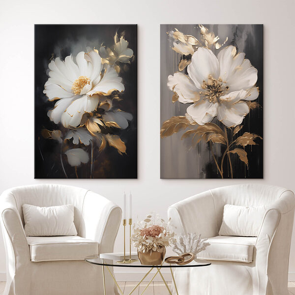 Two paintings of flowers on a black background