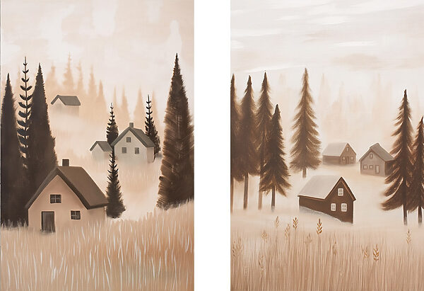Painting of a village in the fog Painting of a village in the fog