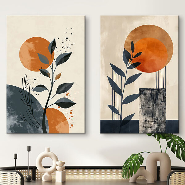 Two paintings of plants and sun