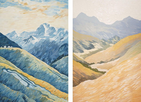 Painting of mountains and a river