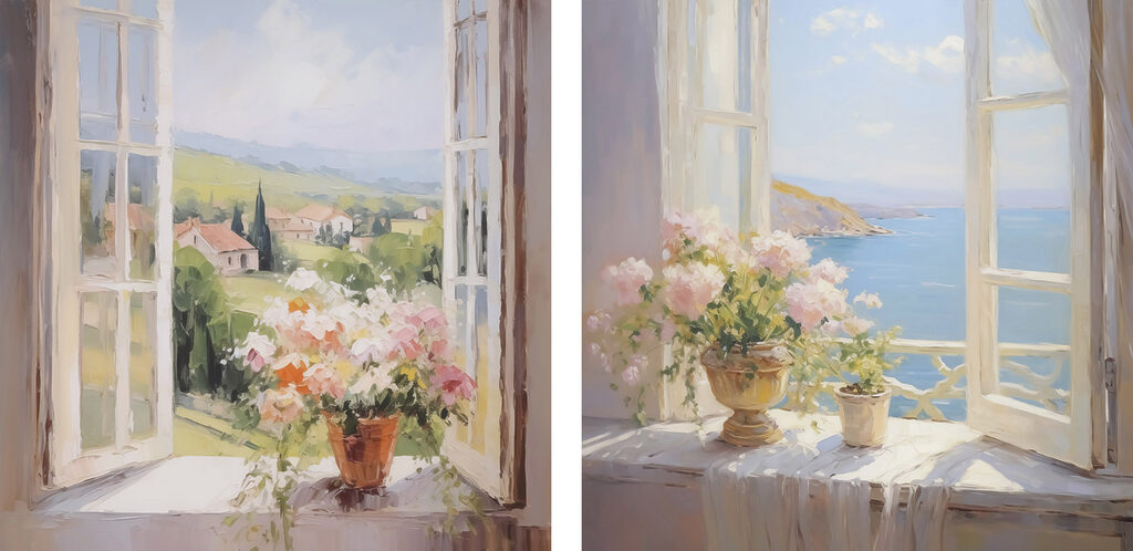 Painting of flowers on a window sill