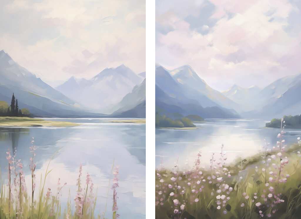 Painting of a lake and mountains Painting of a lake and mountains