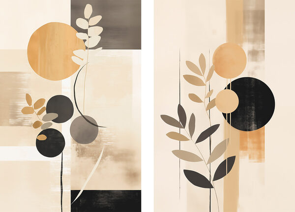 Two paintings of circles and leaves