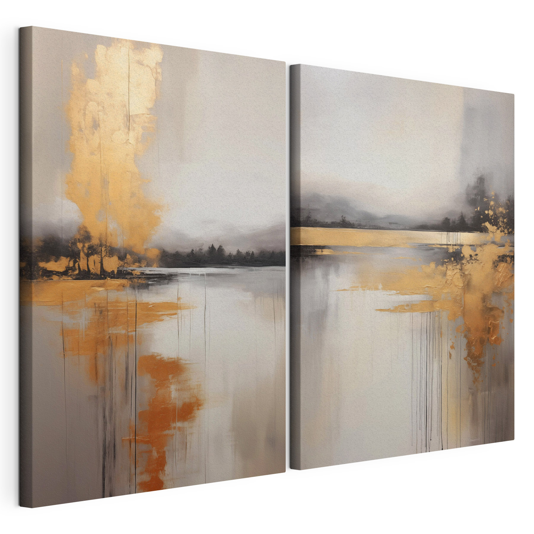 Painting of a lake and a foggy landscape