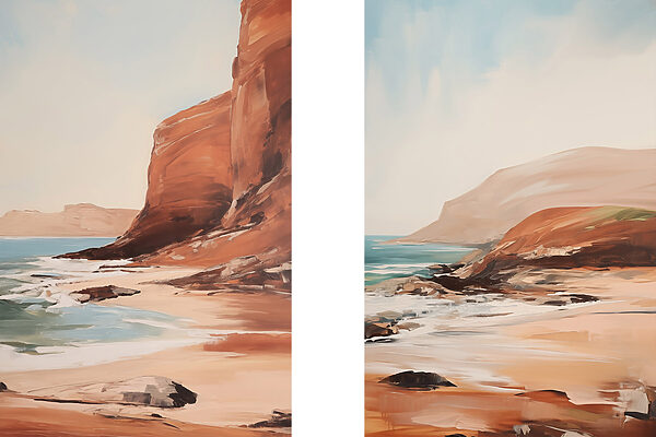 Painting of a beach and a rocky cliff