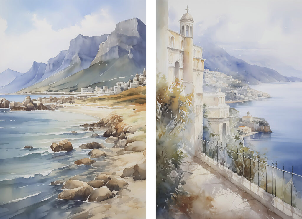 Watercolor painting of a city and a beach