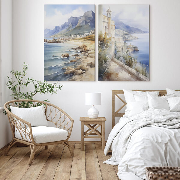 Watercolor painting of a city and a beach