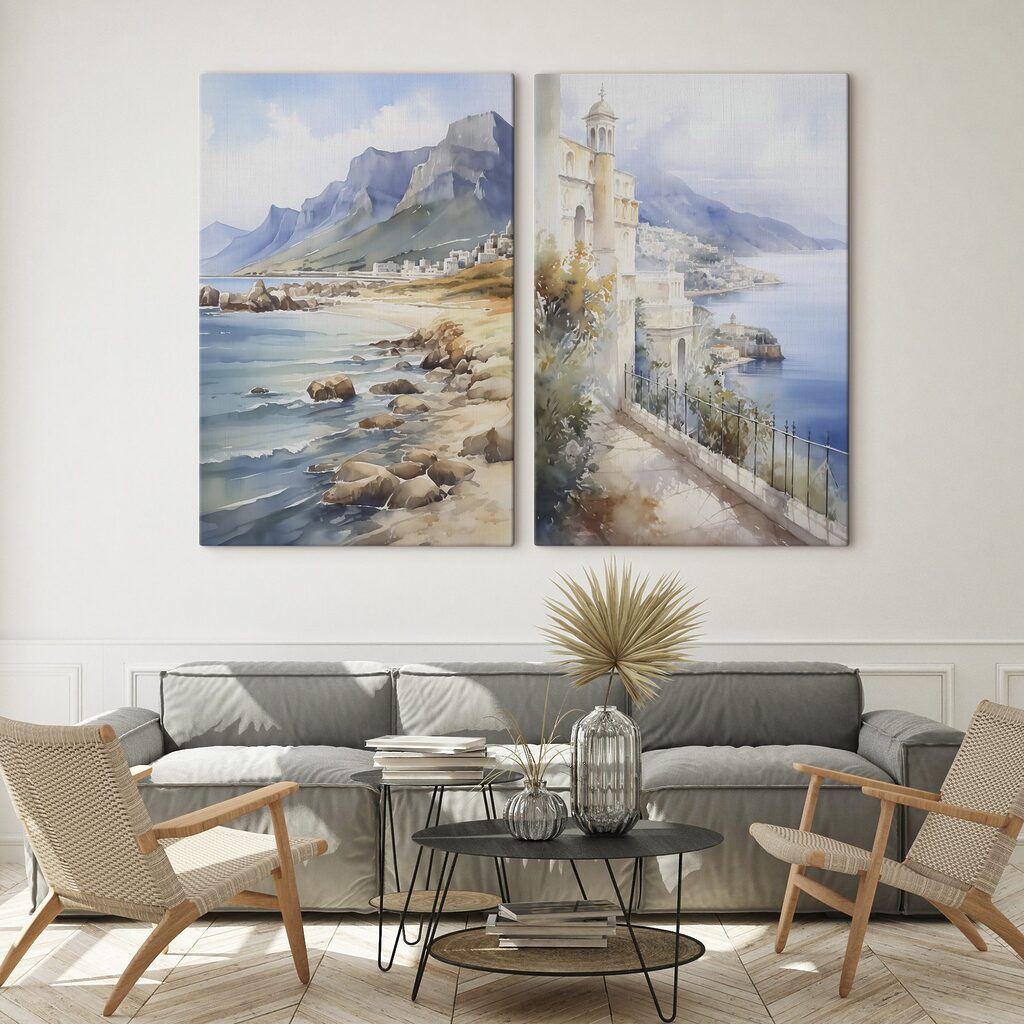 Watercolor painting of a city and a beach