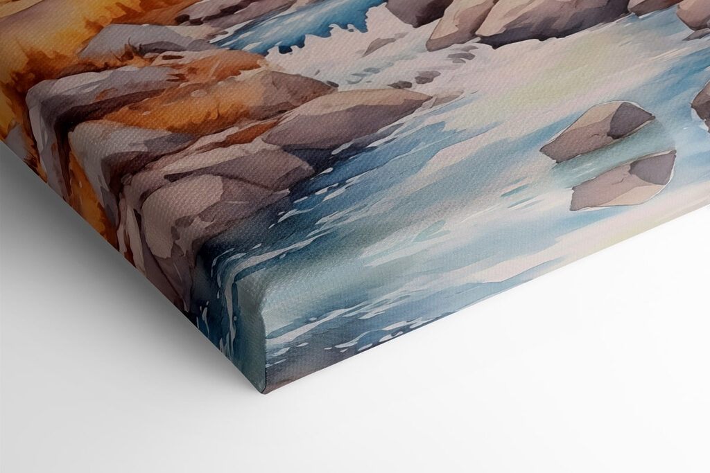 Group of paintings of a river and mountains