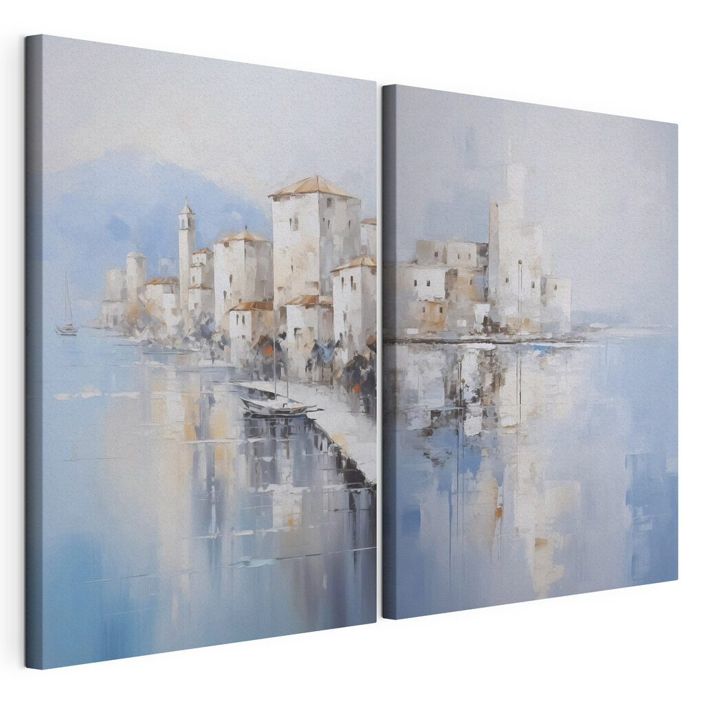 Painting of a city and a body of water Painting of a city and a body of water