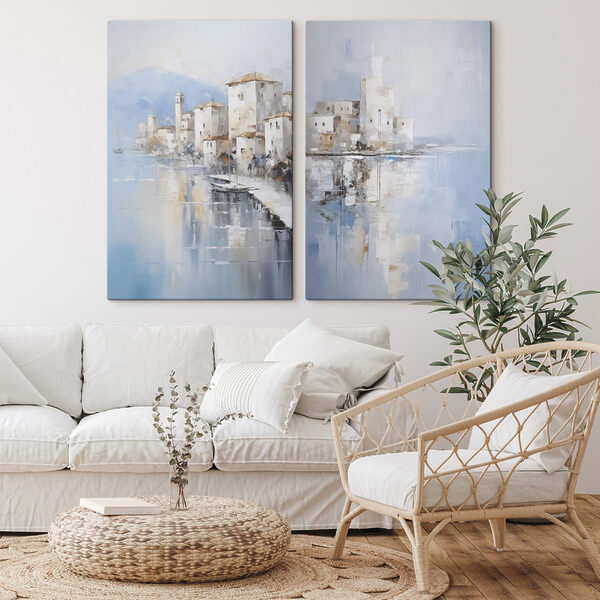 Painting of a city and a body of water Painting of a city and a body of water