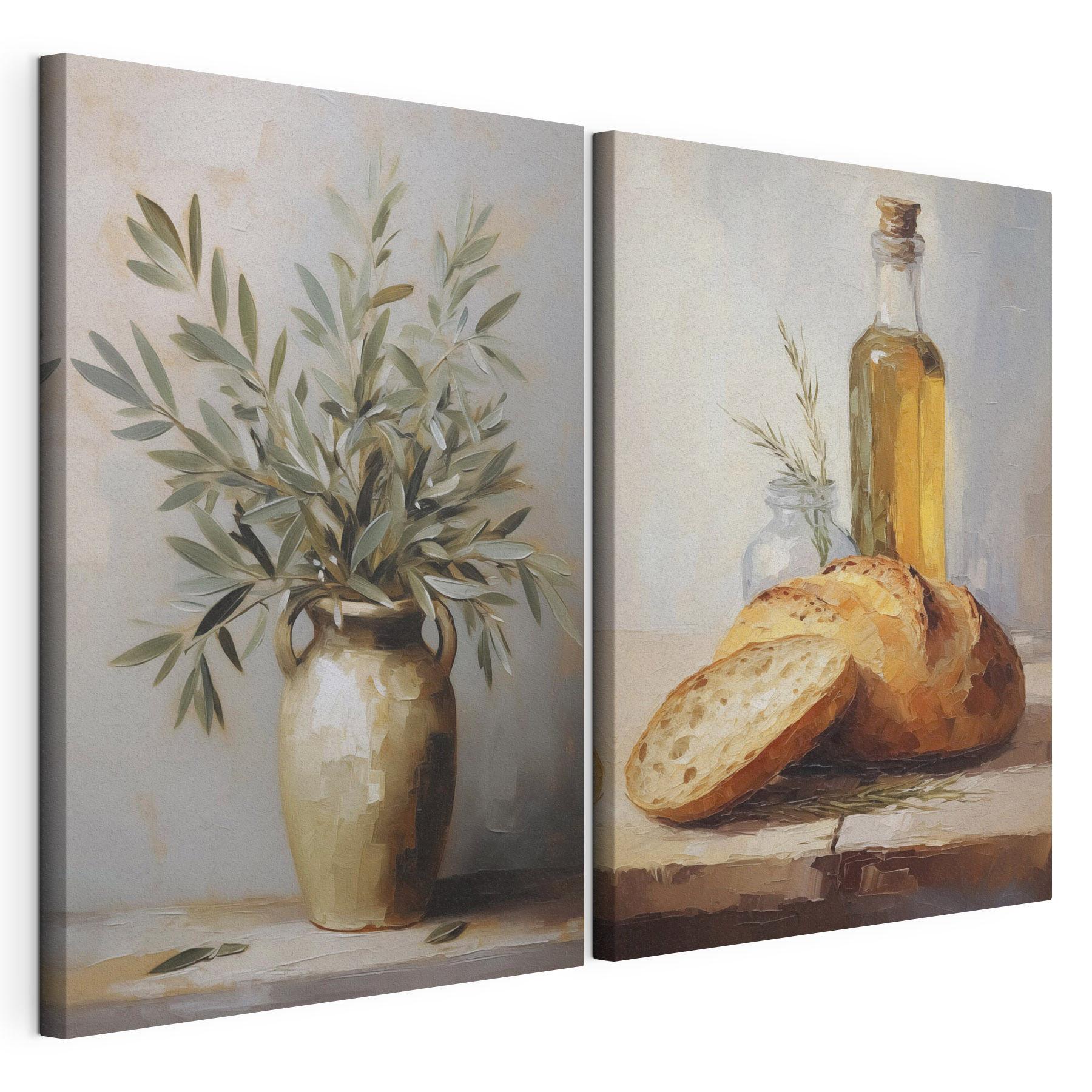 Painting of food and a vase of olive oil Painting of food and a vase of olive oil