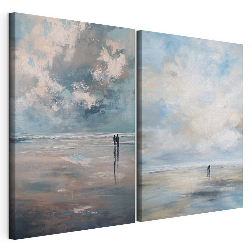 Painting of people walking on a beach