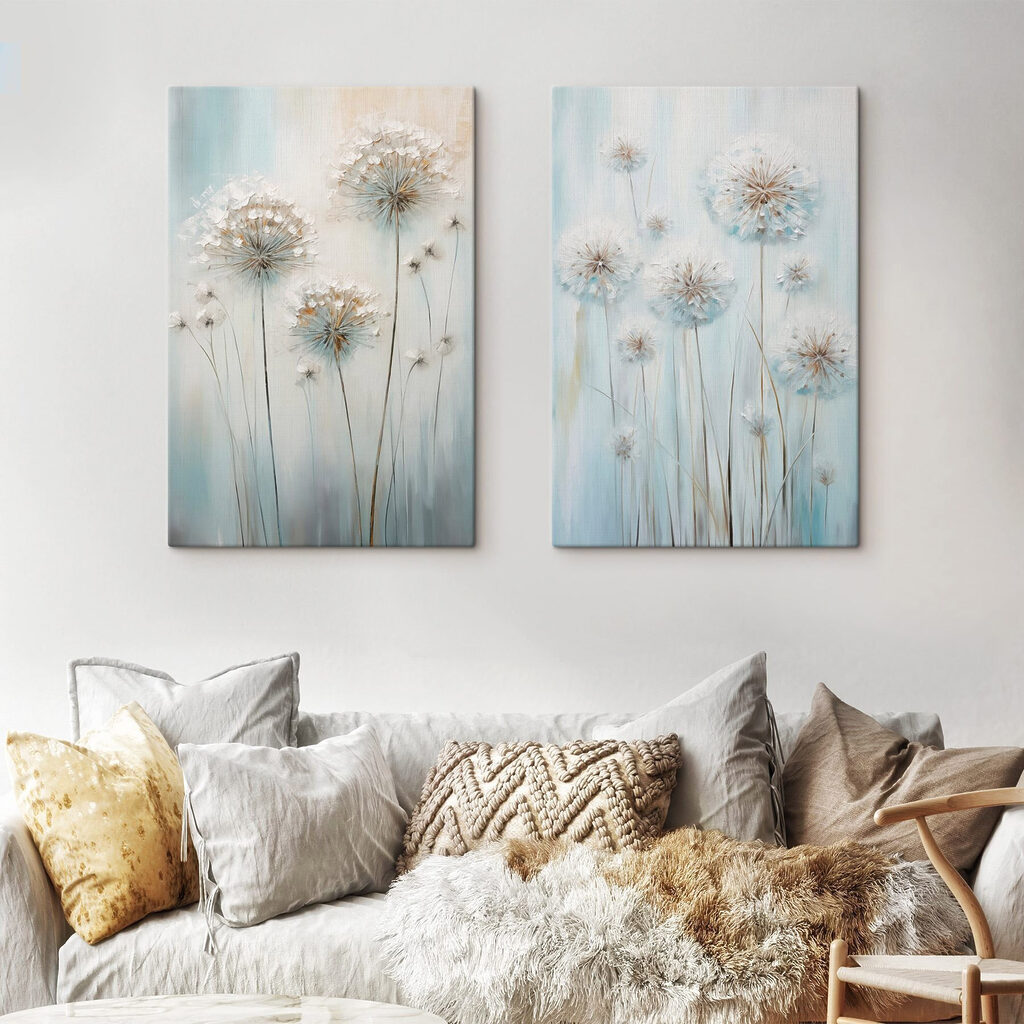 Painting of dandelions on a blue background Painting of dandelions on a blue background