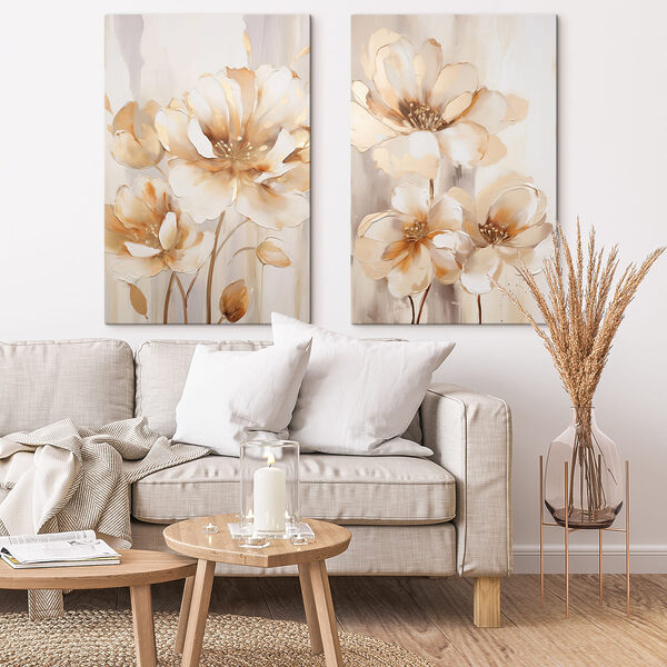 Two paintings of flowers on a beige background Two paintings of flowers on a beige background