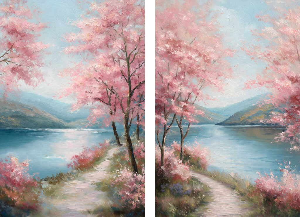 Painting of a path by a lake with pink flowers Painting of a path by a lake with pink flowers