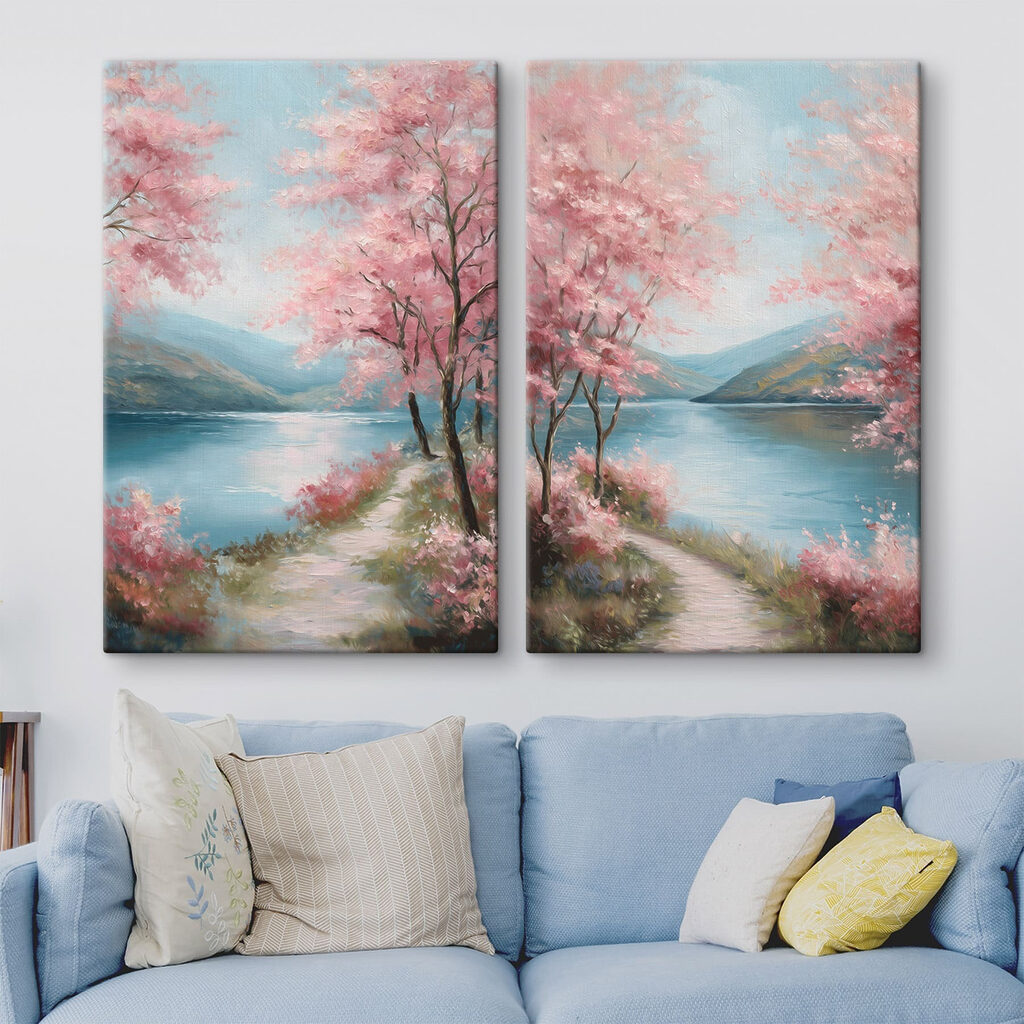 Painting of a path by a lake with pink flowers Painting of a path by a lake with pink flowers