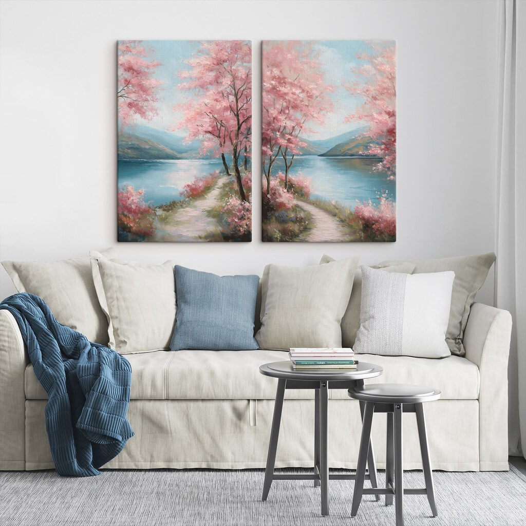 Painting of a path by a lake with pink flowers Painting of a path by a lake with pink flowers
