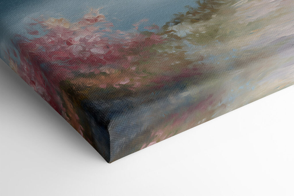 Painting of a path by a lake with pink flowers Painting of a path by a lake with pink flowers