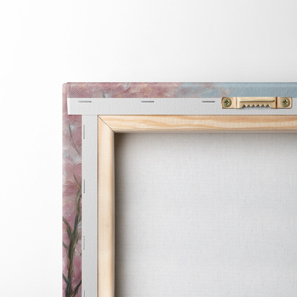 Painting of a path by a lake with pink flowers Painting of a path by a lake with pink flowers