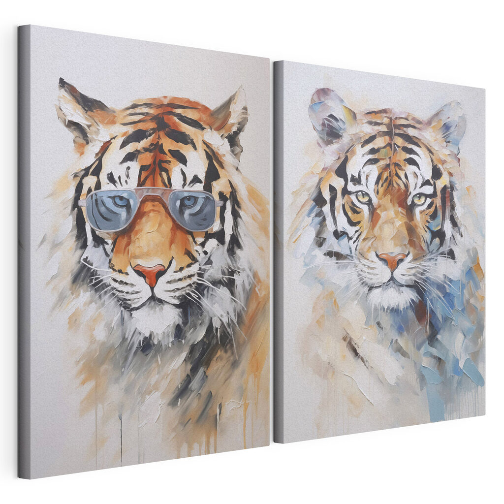 Two pictures of tigers wearing sunglasses Two pictures of tigers wearing sunglasses