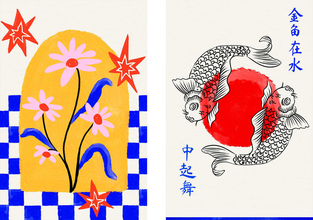 Two cards with flowers and fish Two cards with flowers and fish