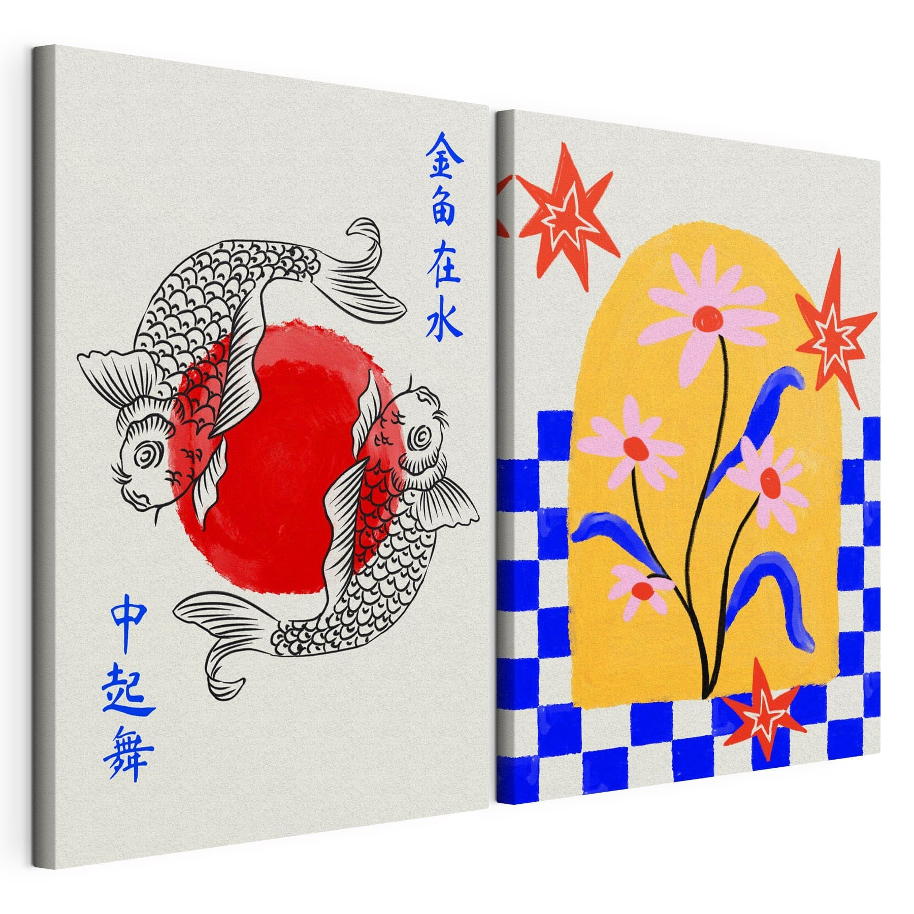 Two cards with flowers and fish Two cards with flowers and fish