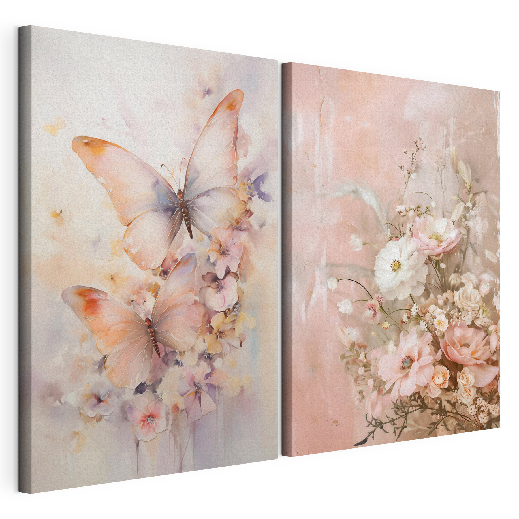 Two paintings of flowers and butterflies Two paintings of flowers and butterflies