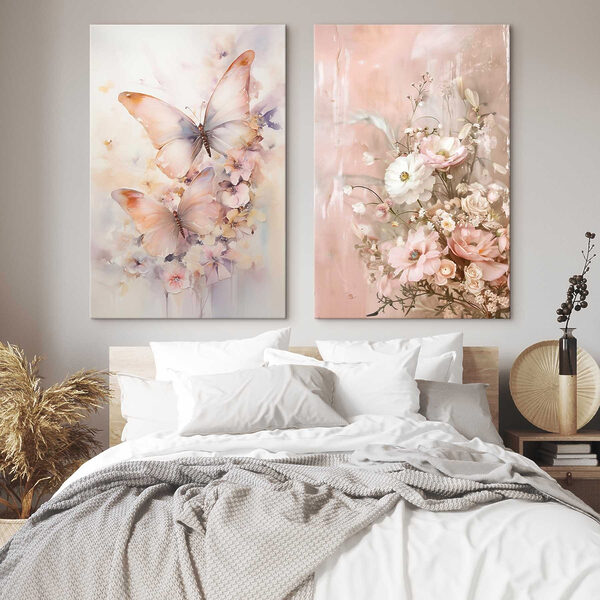 Two paintings of flowers and butterflies Two paintings of flowers and butterflies