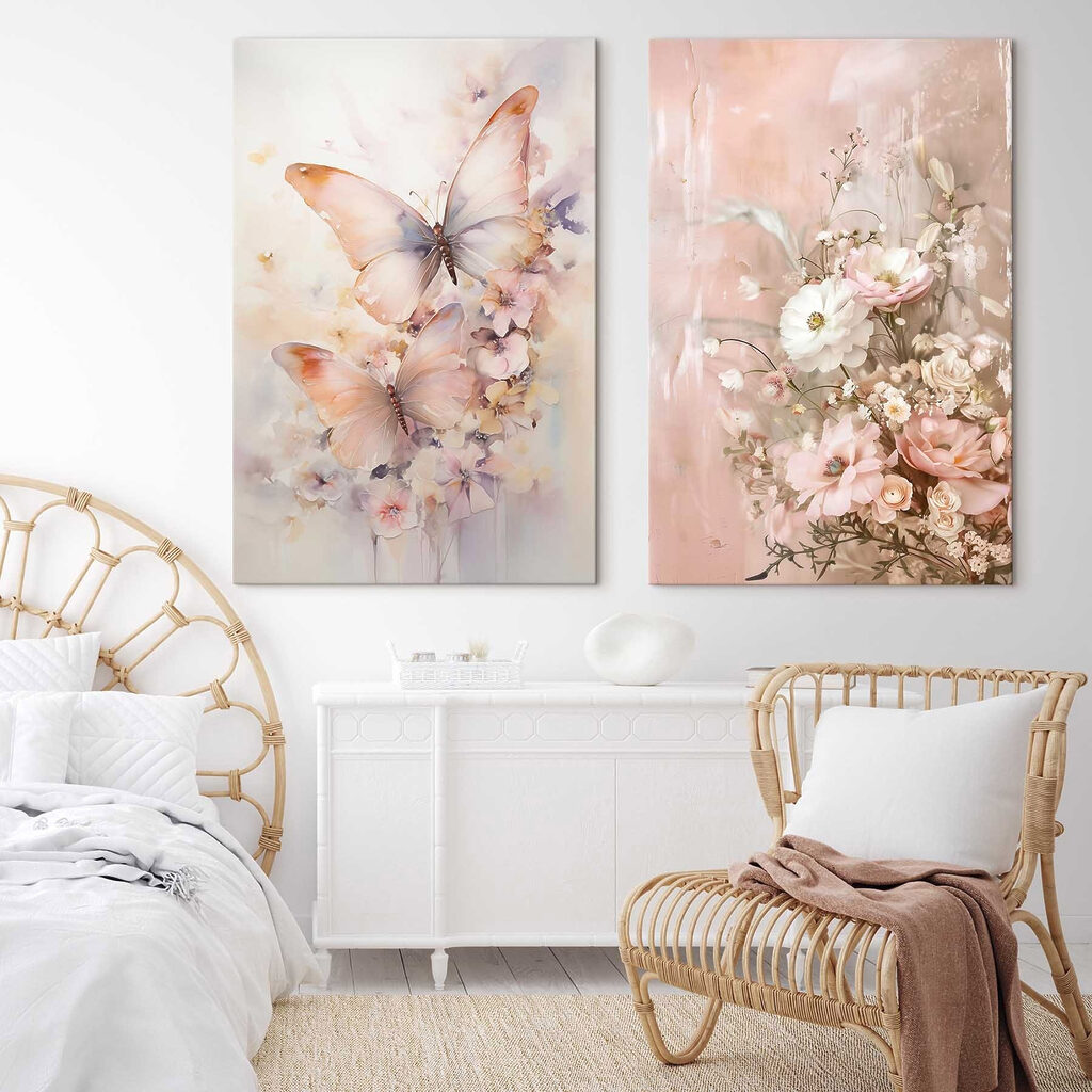 Two paintings of flowers and butterflies Two paintings of flowers and butterflies