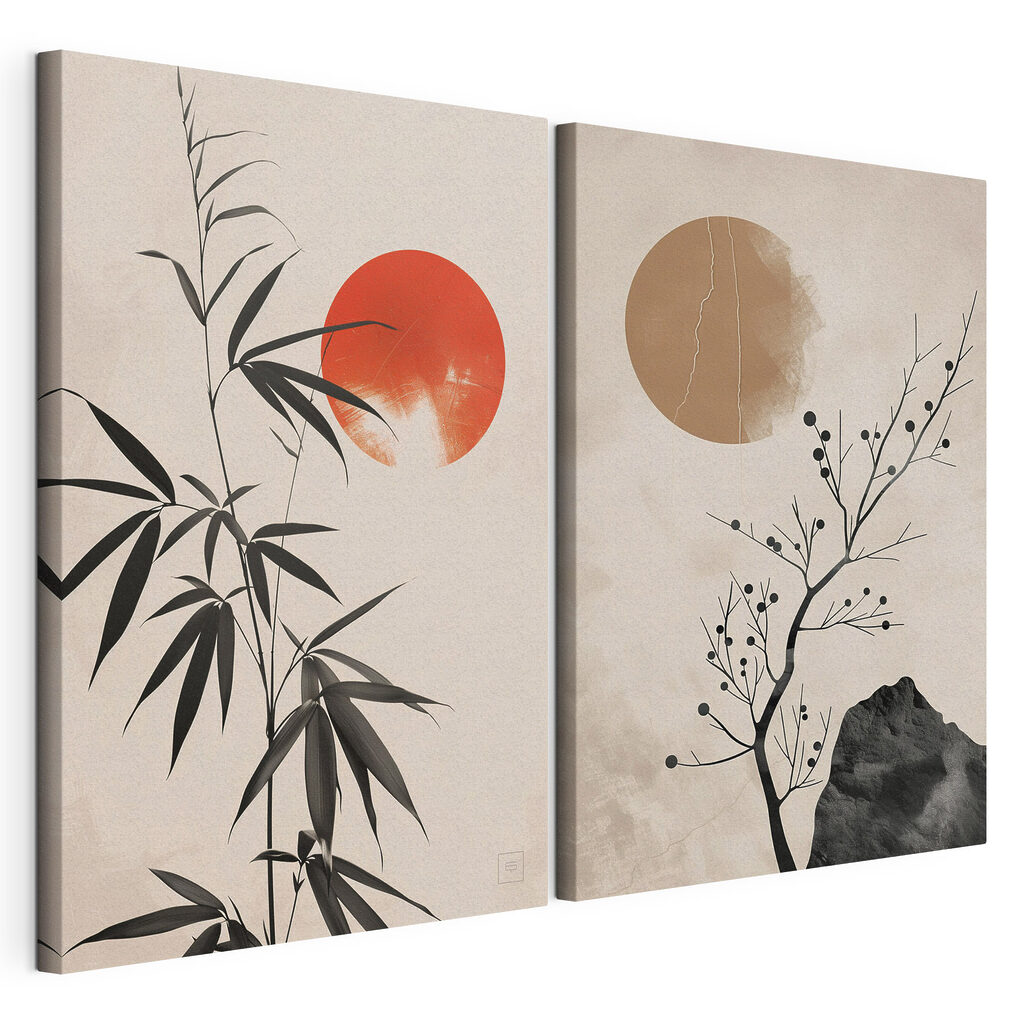 Two images of plants and a red sun Two images of plants and a red sun