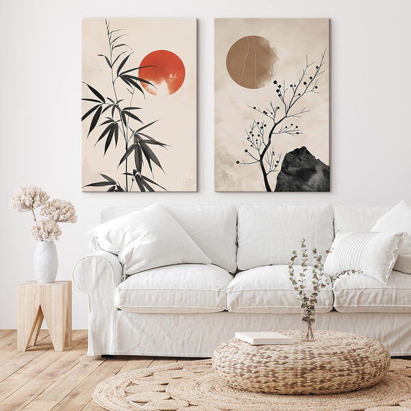 Two images of plants and a red sun Two images of plants and a red sun