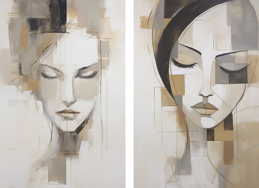 Two paintings of women's faces Two paintings of women's faces