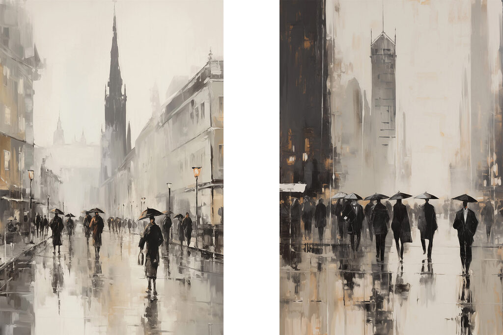 Painting of people walking with umbrellas Painting of people walking with umbrellas