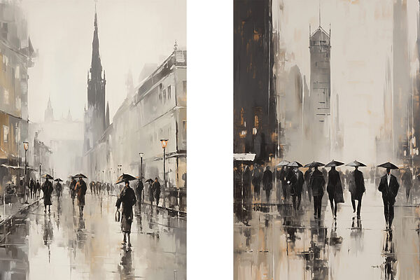 Painting of people walking with umbrellas Painting of people walking with umbrellas