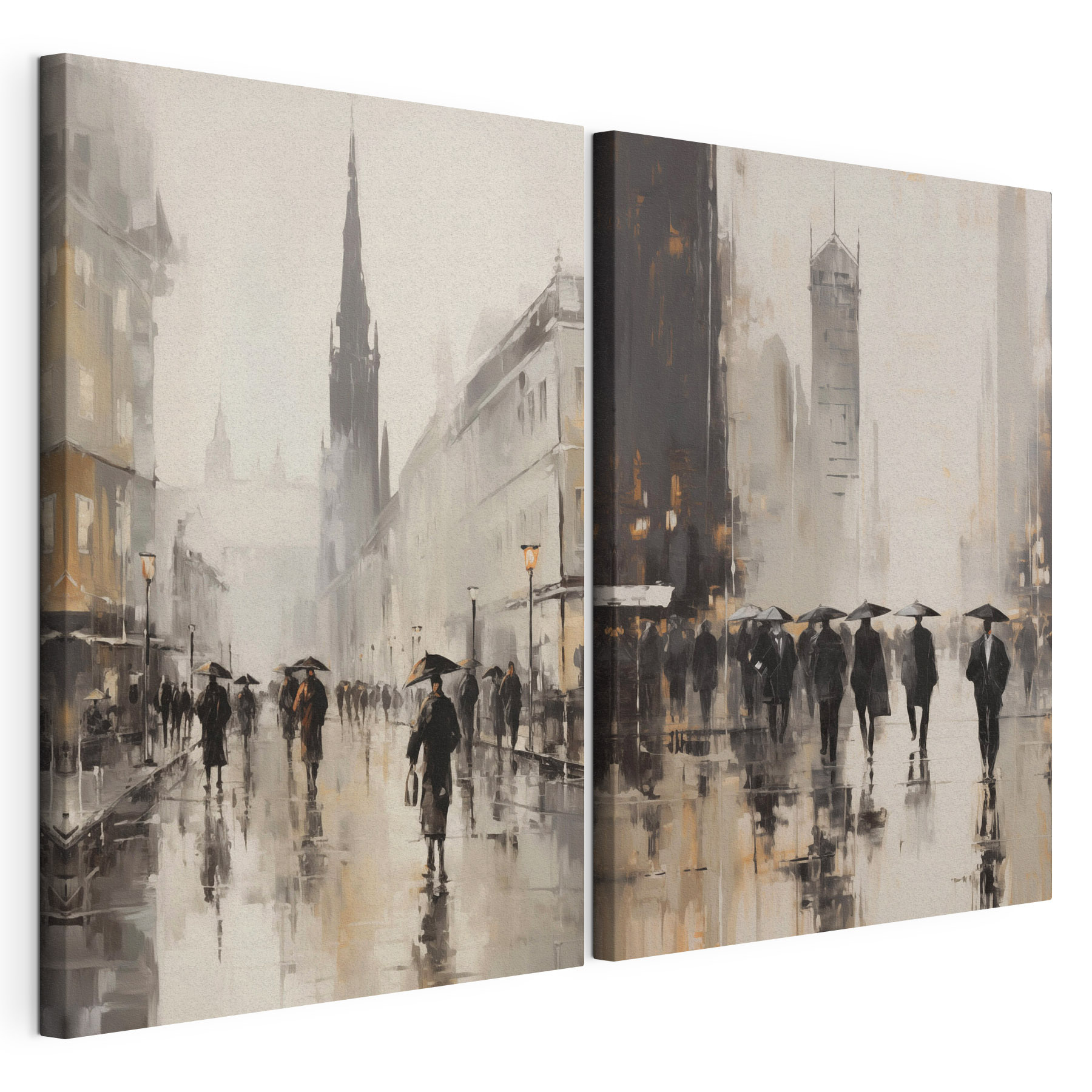 Painting of people walking with umbrellas Painting of people walking with umbrellas