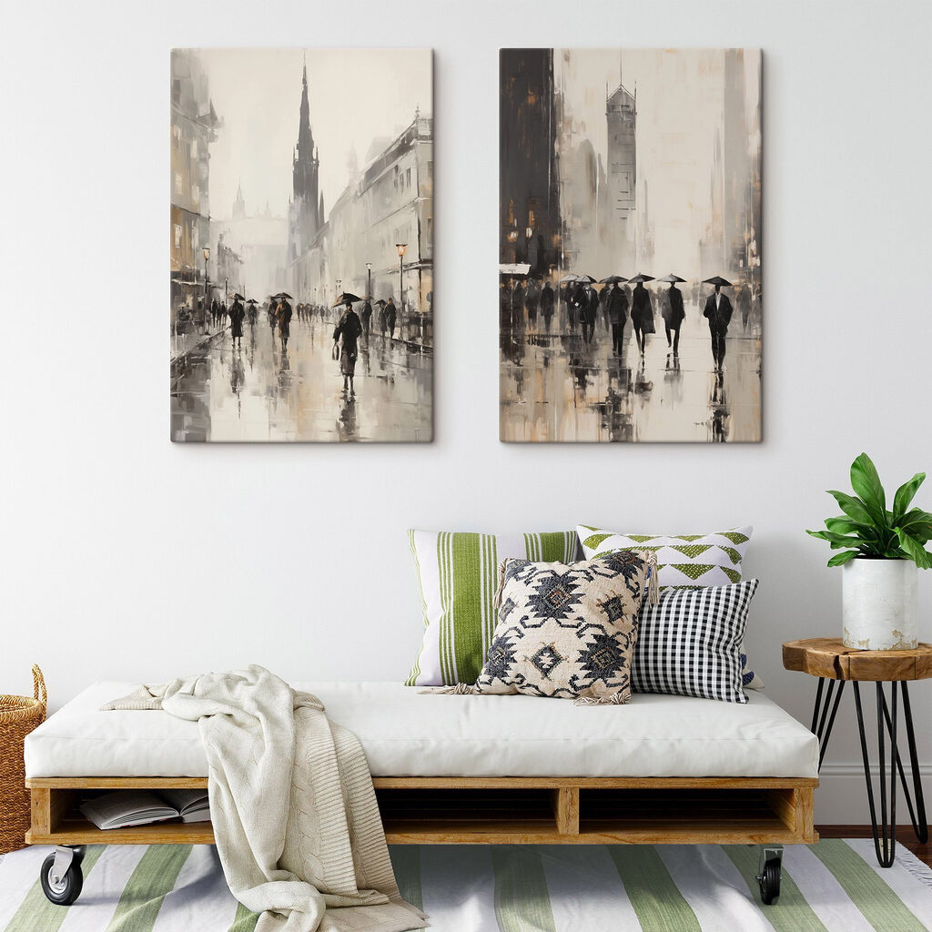 Painting of people walking with umbrellas Painting of people walking with umbrellas