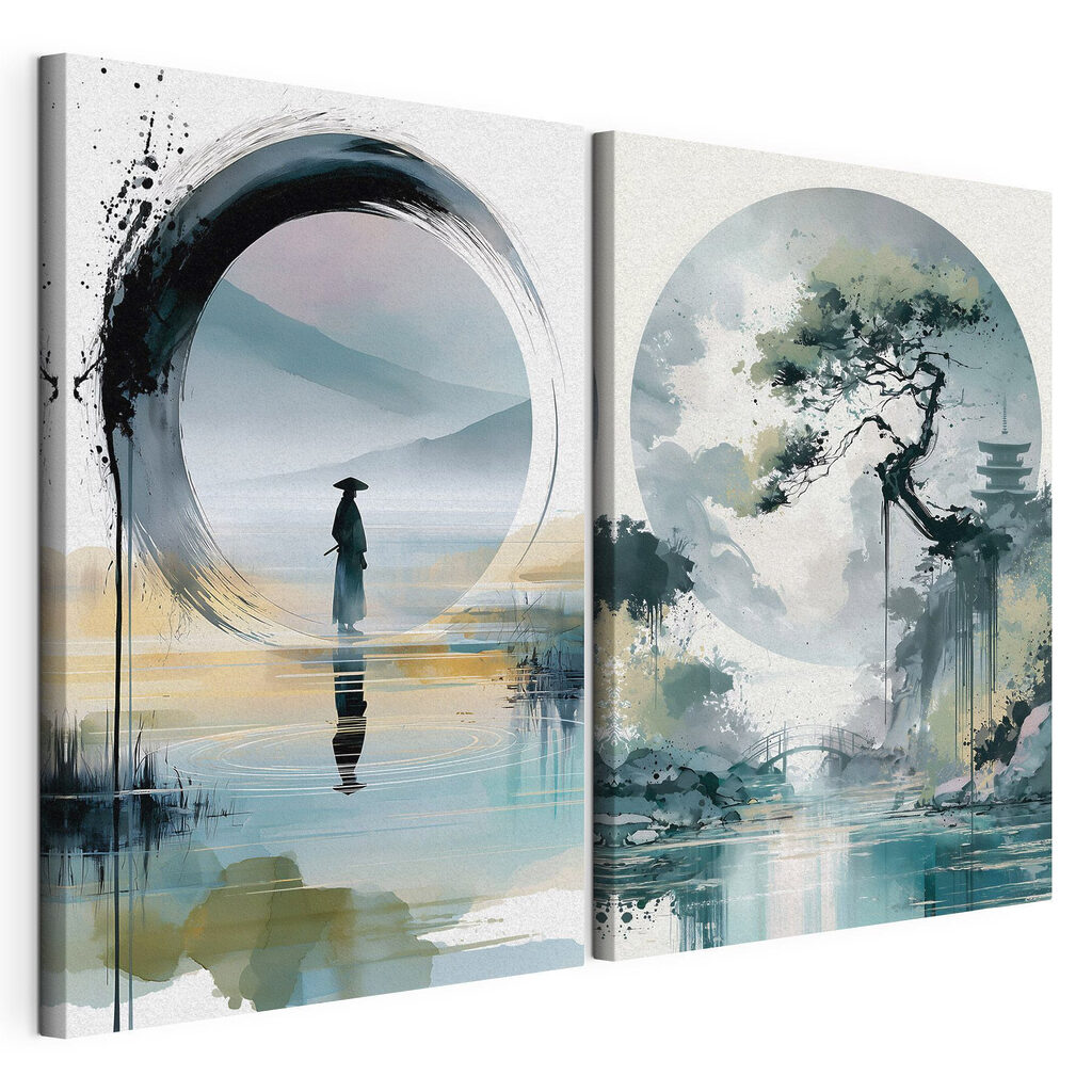 Painting of a man standing in water and a tree Painting of a man standing in water and a tree