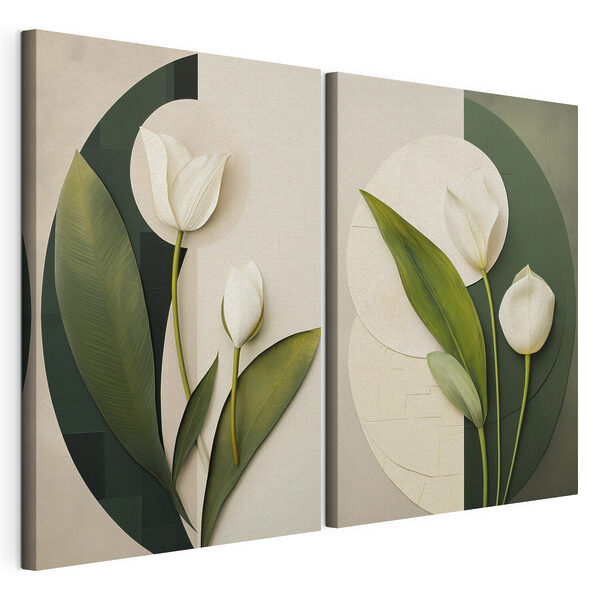 Koláž z bílých květů a zelených listů Modulární tisk na plátně Koláž z bílých květů a zelených listů