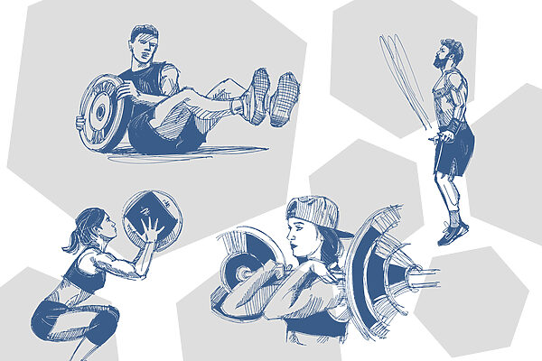 Collage of images of a man and a woman doing squats