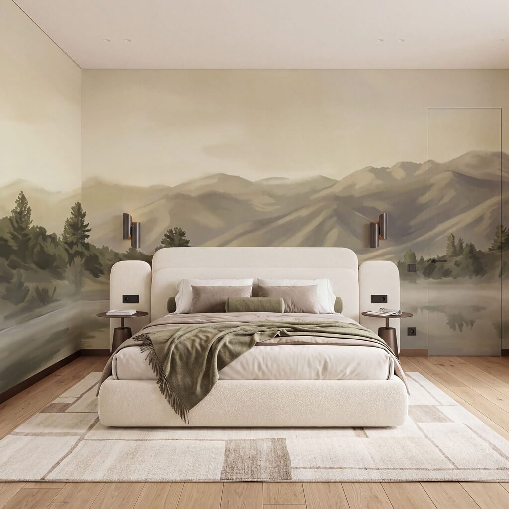 Vodní plocha se stromy a horami v pozadí Vodní plocha se stromy a horami v pozadí