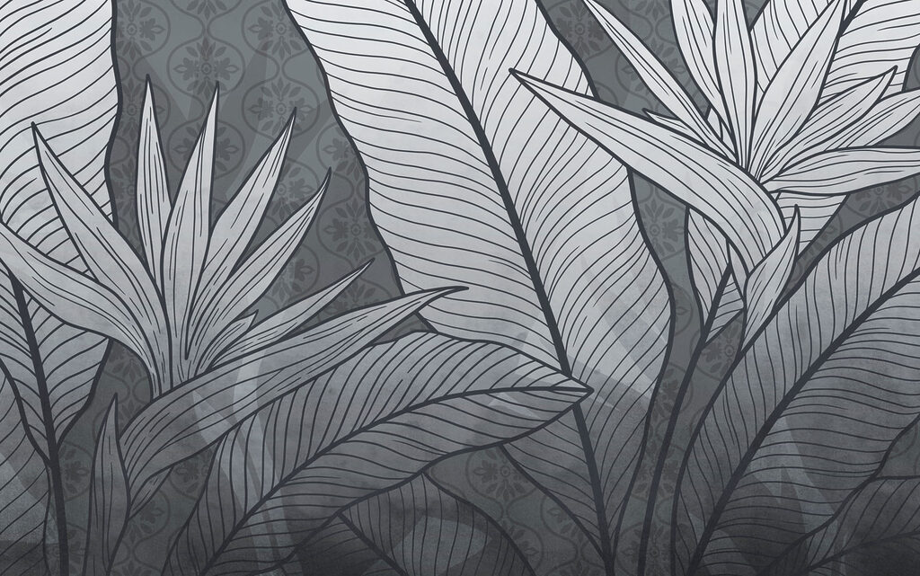 - Intricate foliage in monochrome palette